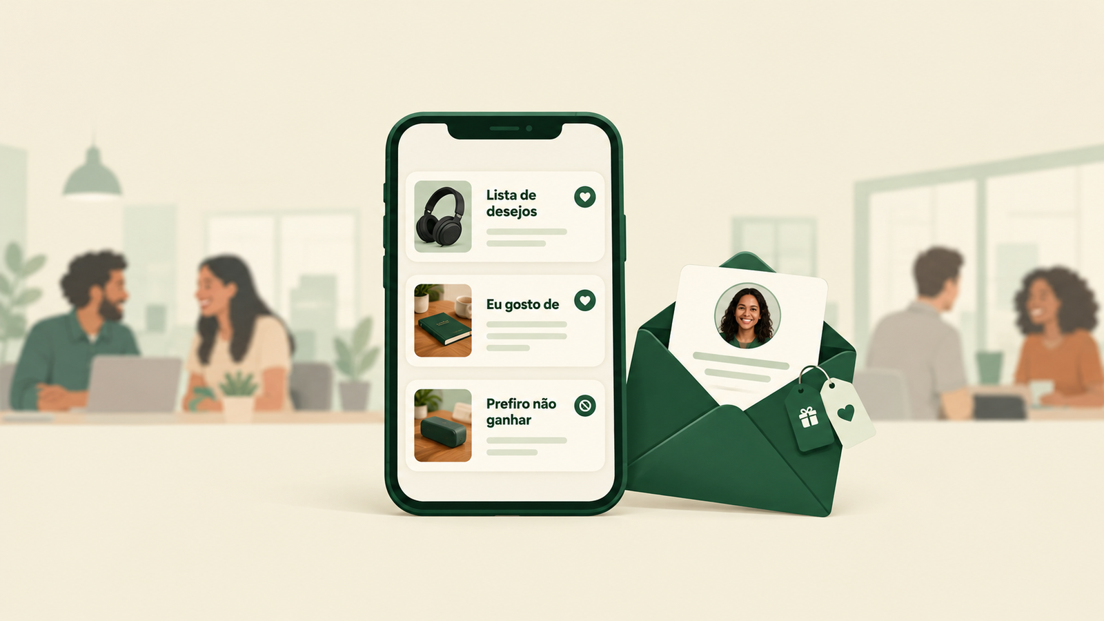 Ilustração de celular exibindo lista de desejos de amigo secreto em uma área pessoal discreta