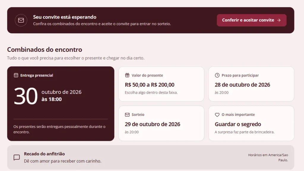 Painel da Anfitro com as datas de prazo, sorteio e entrega do amigo secreto e a lista de participantes